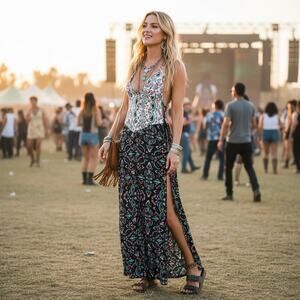 Gypsy Sand Lace‑Up Adjustable Boho Maxi Dress XS (Fits XS–M)